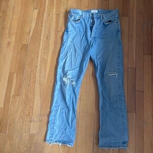 Agolde, lightly distressed, light wash, high waisted, straight cut jean.